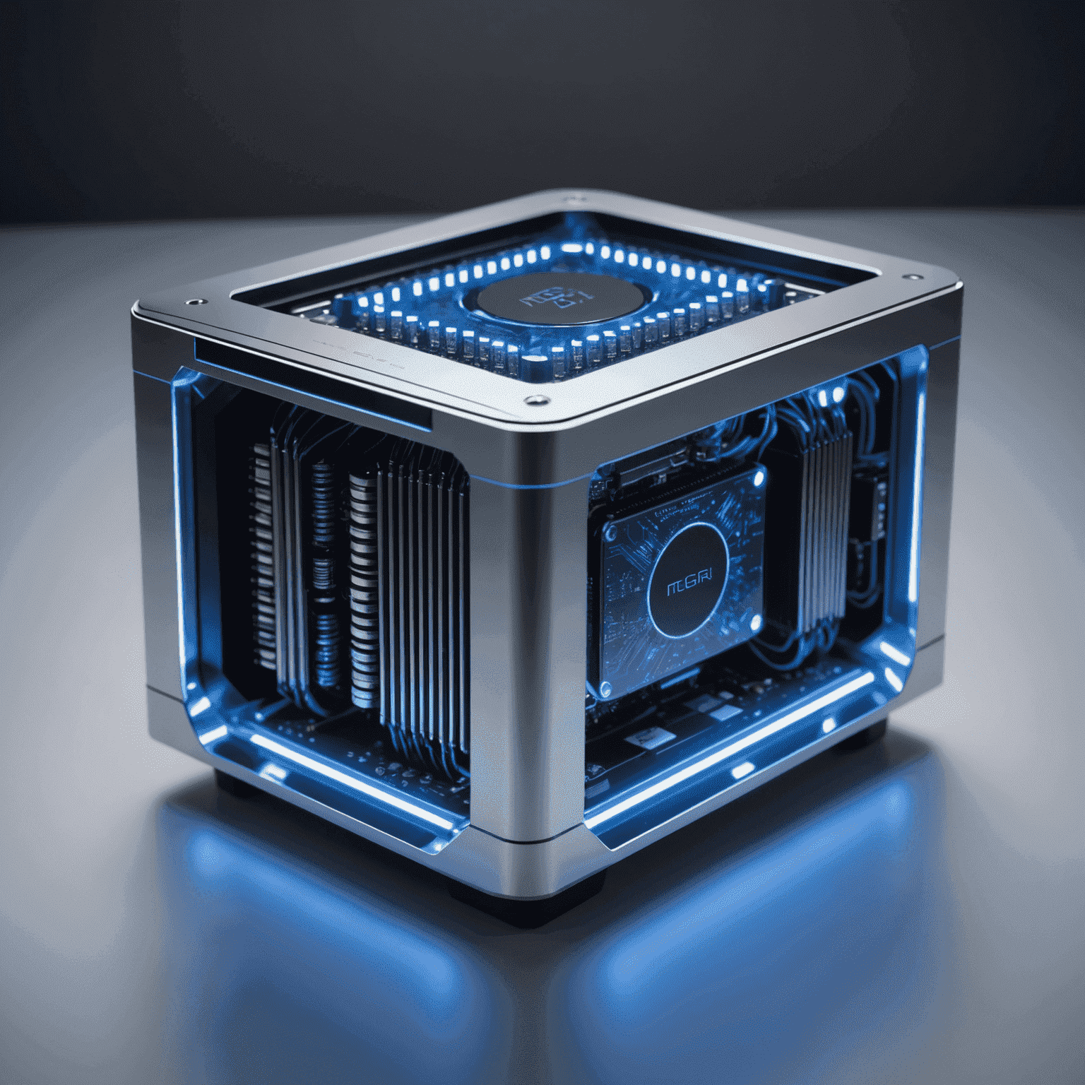 A sleek, silver quantum computer with glowing blue lights, representing the cutting-edge technology discussed on the Megri blog