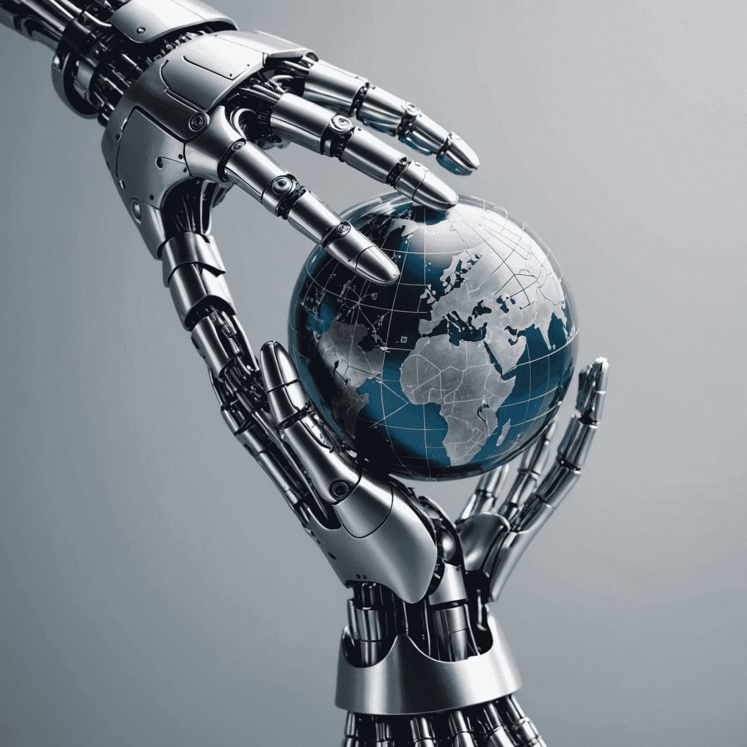 Futuristic image of a silver robotic hand holding a digital globe, representing the transformative power of AI and machine learning in the UK