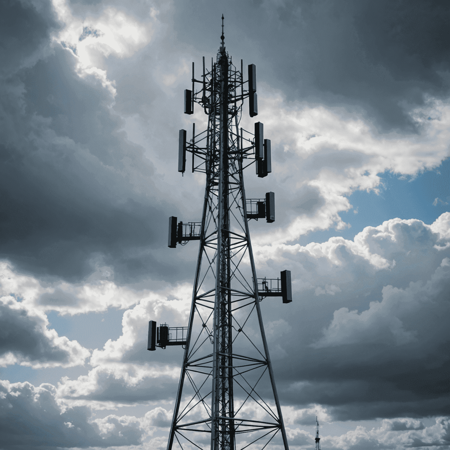 A silver 5G cellular tower set against a cloudy sky in the United Kingdom, symbolizing the rapid rollout and adoption of next-generation wireless technology across the nation.