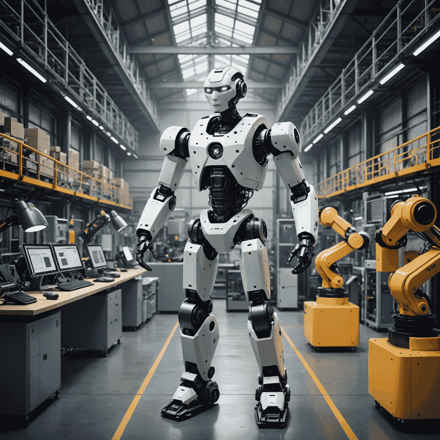 An image showcasing various applications of AI and machine learning, such as robotics, data analysis, and pattern recognition, in a modern UK industrial setting.