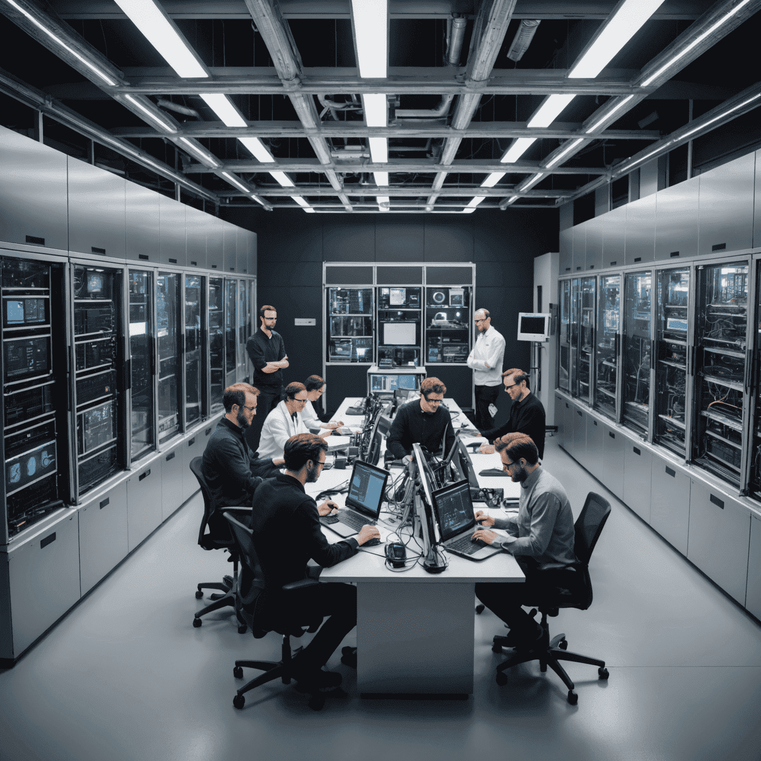 A team of British quantum computing researchers working in a state-of-the-art lab, surrounded by advanced equipment and silver quantum hardware