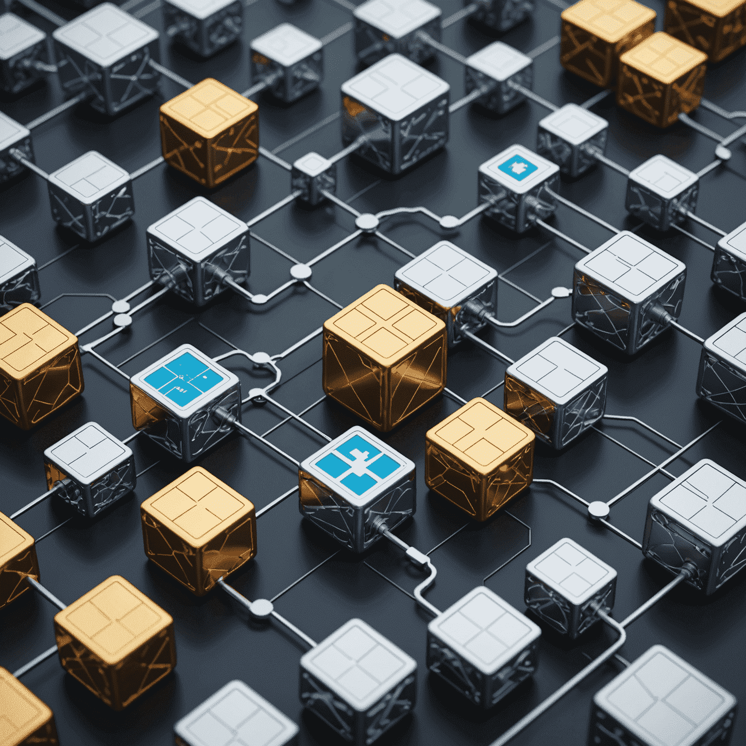 An illustration of blockchain technology being used in various UK industries, such as finance, healthcare, and supply chain management, with interconnected blocks and silver accents.